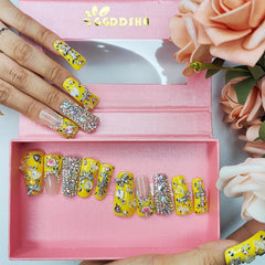 Handmade PMMA Acrylic Medium Square Press-On Nails with Rhinestones & Butterfly Love Design | Reusable Full-Coverage Fake Nail Set for Women