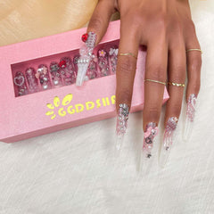 Enormous kart - Long Coffin Stone Design Press-On Nails with Adhesive Tape | Luxury Rhinestone Fake Nails for Women