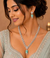Silver Designer Green Pendant Imitation Necklace & Earrings Set