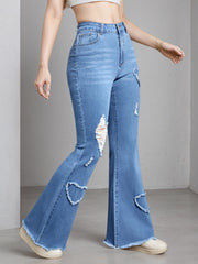 Enormous kart - Stylish High Stretch Flare Jeans with Heart Patchwork - Blue Bell Bottom Jeans for Women