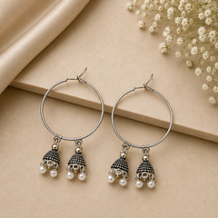 Oxidised Silver Hoop Earrings with Pearl Jhumka Charms | Traditional & Stylish Earrings for Women
