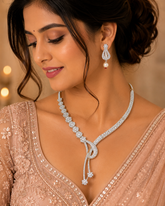 Silver Designer Floral Imitation Necklace & Pearl Drop Earrings Set