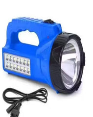Blue flashlight with a black cord on a white background