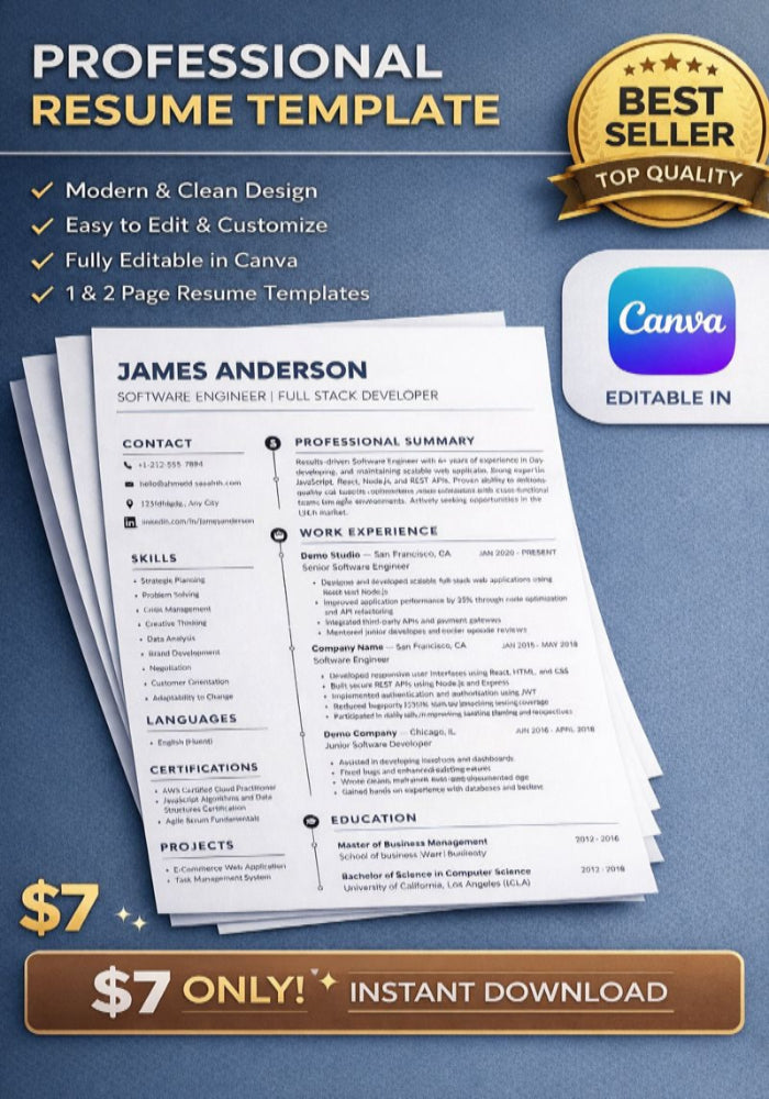 Professional Resume Template – ATS Friendly Canva CV | 1 Page Modern Resume for Job Seekers | Instant Download