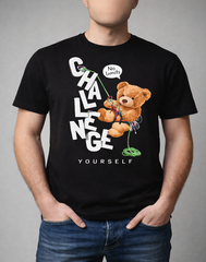 Trendy Graphic Printed T-Shirt for Men | Challenge Yourself Teddy Bear Design | Premium Cotton Black T-Shirt | Casual Wear Medium