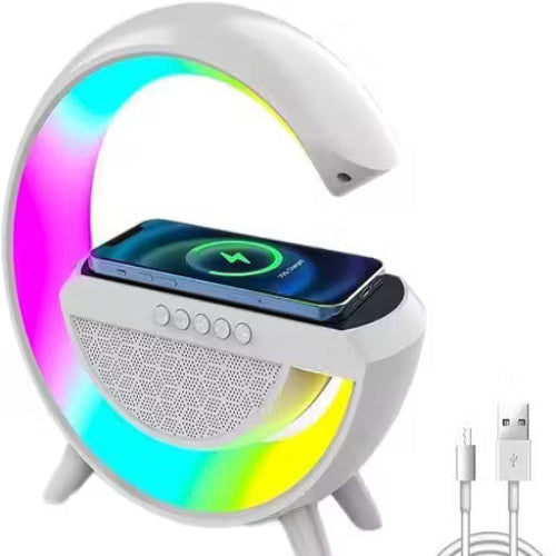 Smart LED Table Lamp, G-Shape Speaker Lamp, 3 in 1 Night Lamp with Bluetooth Speaker, Alarm Clock, 15w Wireless Charging Night Light for Bedroom, Office, and Home Decor, Led Desk Lamp