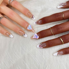 Luxe Amour Long Coffin Press-On Nails – Handmade Gradient False Nails with Fashion Rhinestones & 3D Nail Art Charms for Women