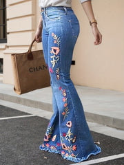 Enormous kart - High Waist Bell Bottom Pants with Floral Embroidery for Women