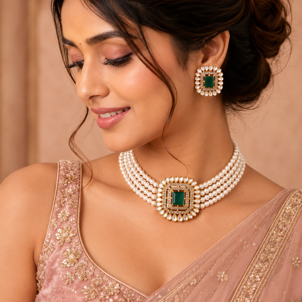 Royal Pearl Kundan Green Stone Choker Necklace Set