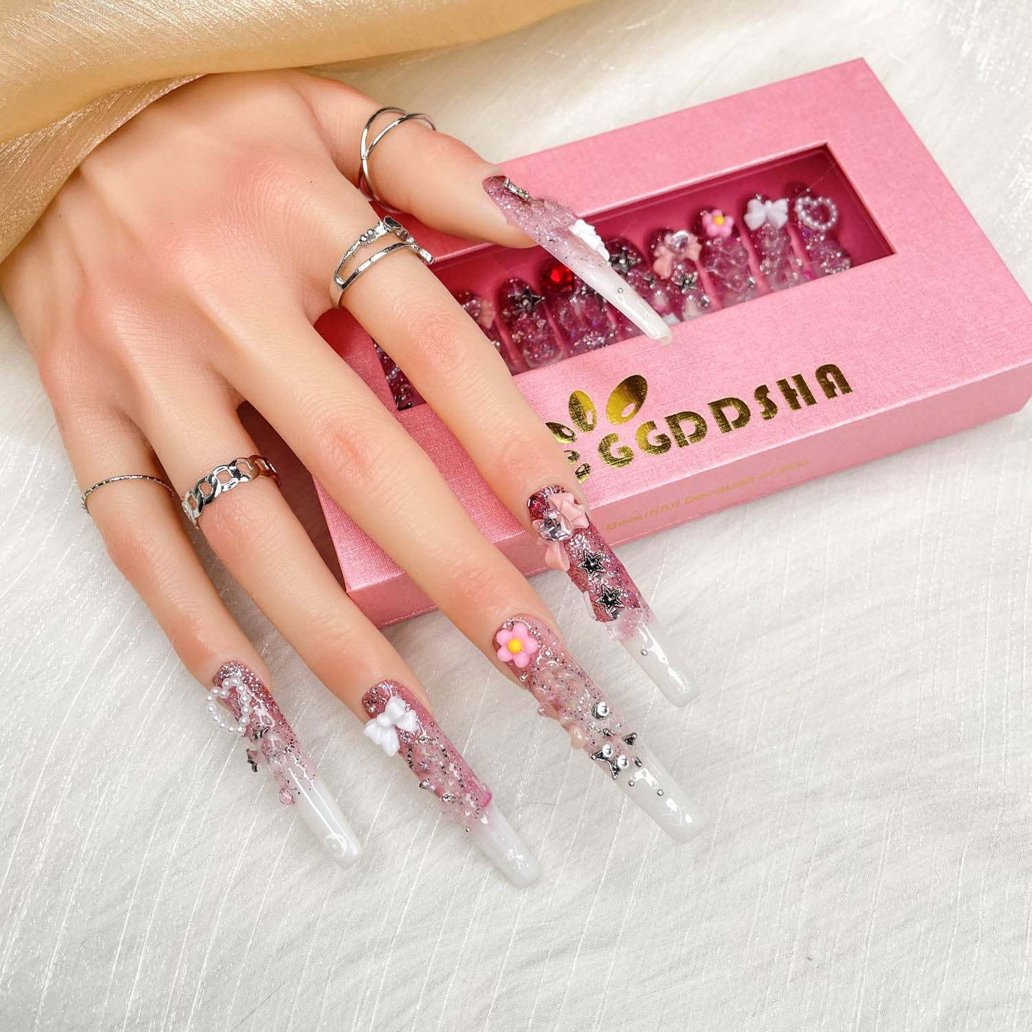 Enormous kart - Long Coffin Stone Design Press-On Nails with Adhesive Tape | Luxury Rhinestone Fake Nails for Women