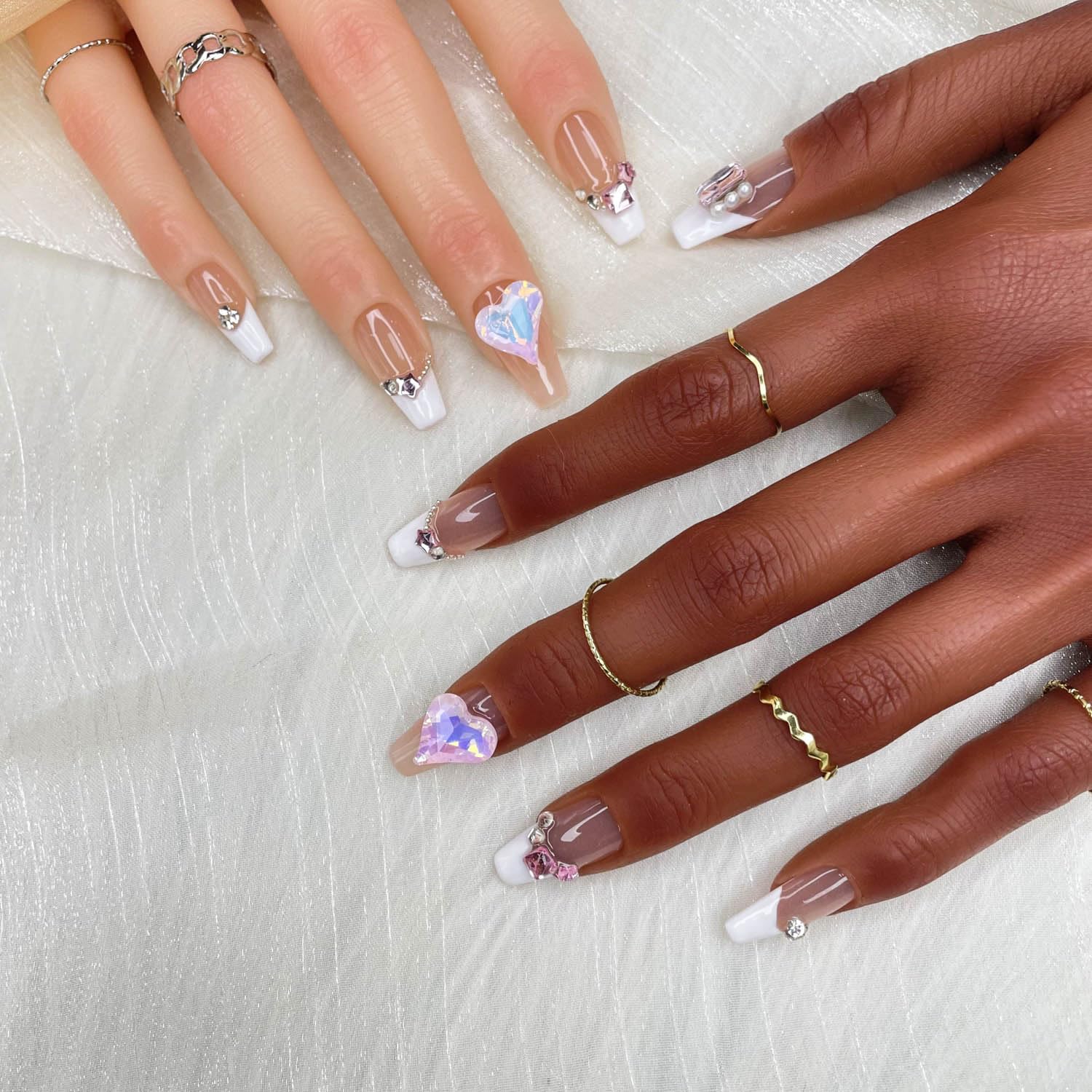 Luxe Amour Long Coffin Press-On Nails – Handmade Gradient False Nails with Fashion Rhinestones & 3D Nail Art Charms for Women