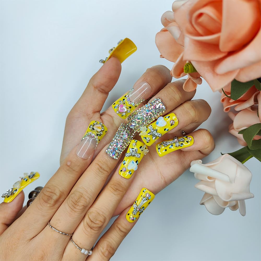 Handmade PMMA Acrylic Medium Square Press-On Nails with Rhinestones & Butterfly Love Design | Reusable Full-Coverage Fake Nail Set for Women
