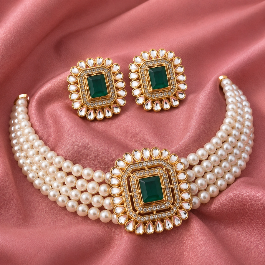 Elegant Pearl Choker Necklace Set with Matching Earrings for Women