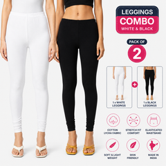 Women’s White & Black Cotton Lycra Leggings Combo | 2 Pcs Stretch Fit Ankle Length Leggings | Made in India
