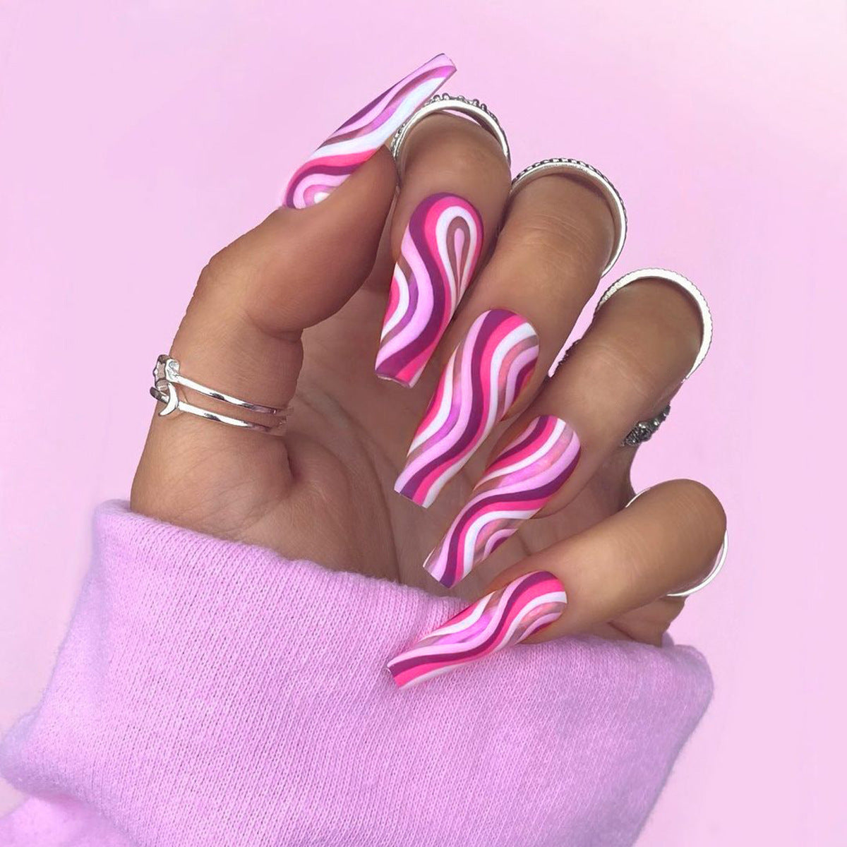 Enormous kart - Long Pink Swirl Coffin Press-On Nails for Women | Reusable Abstract Wave Fake Nails with Adhesive