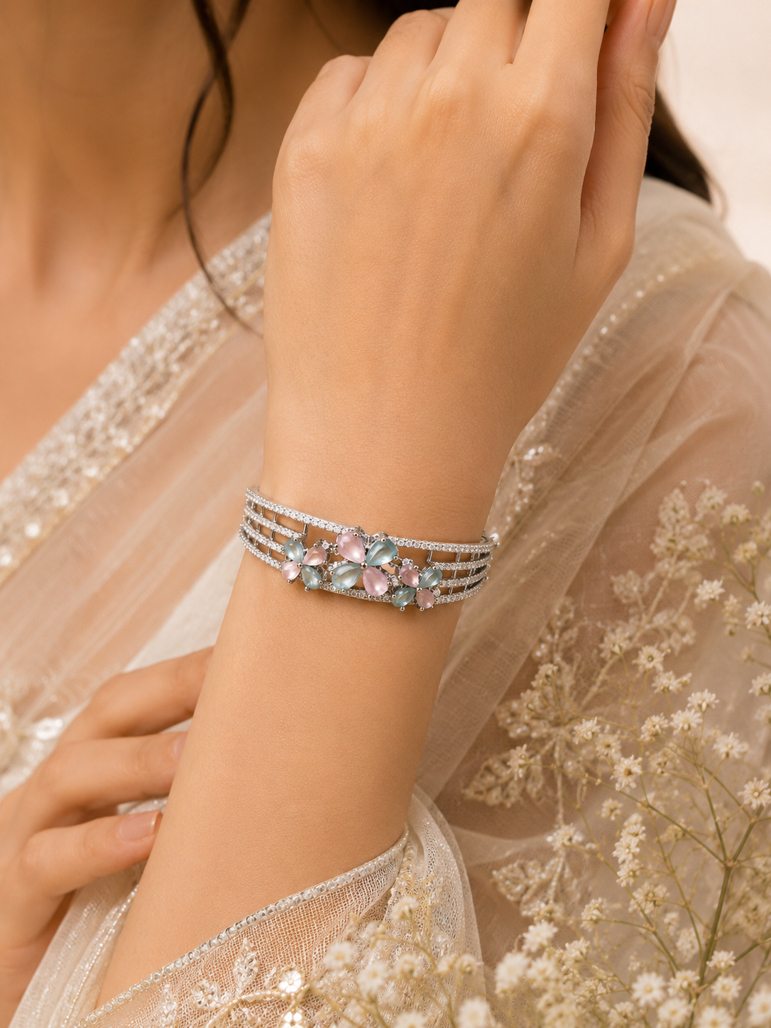 Silver color  Floral Bracelet for Women | Elegant Crystal & Pastel Flower Designer Bracelet