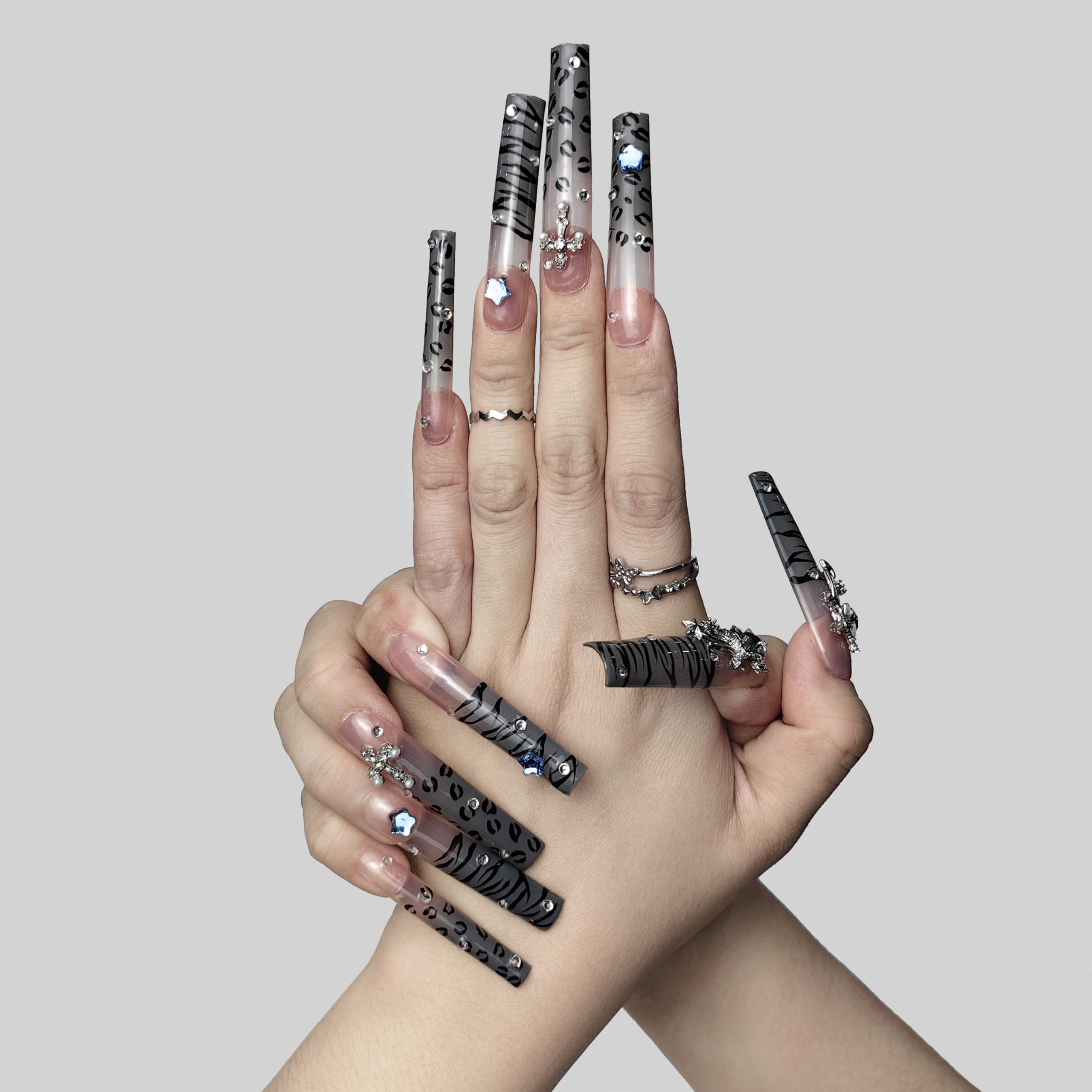 Acrylic Press-On Nails (Stellar Stripe) – Long, Reusable False Nail Set with Elegant Gift Box for Women