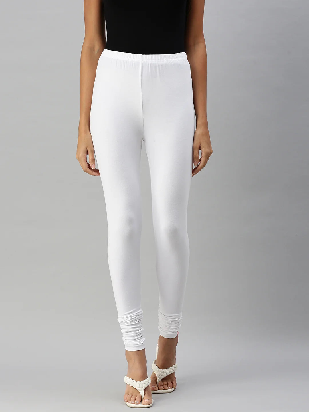 Women’s White Cotton Lycra Churidar Leggings | Stretch Fit Ankle Length Leggings