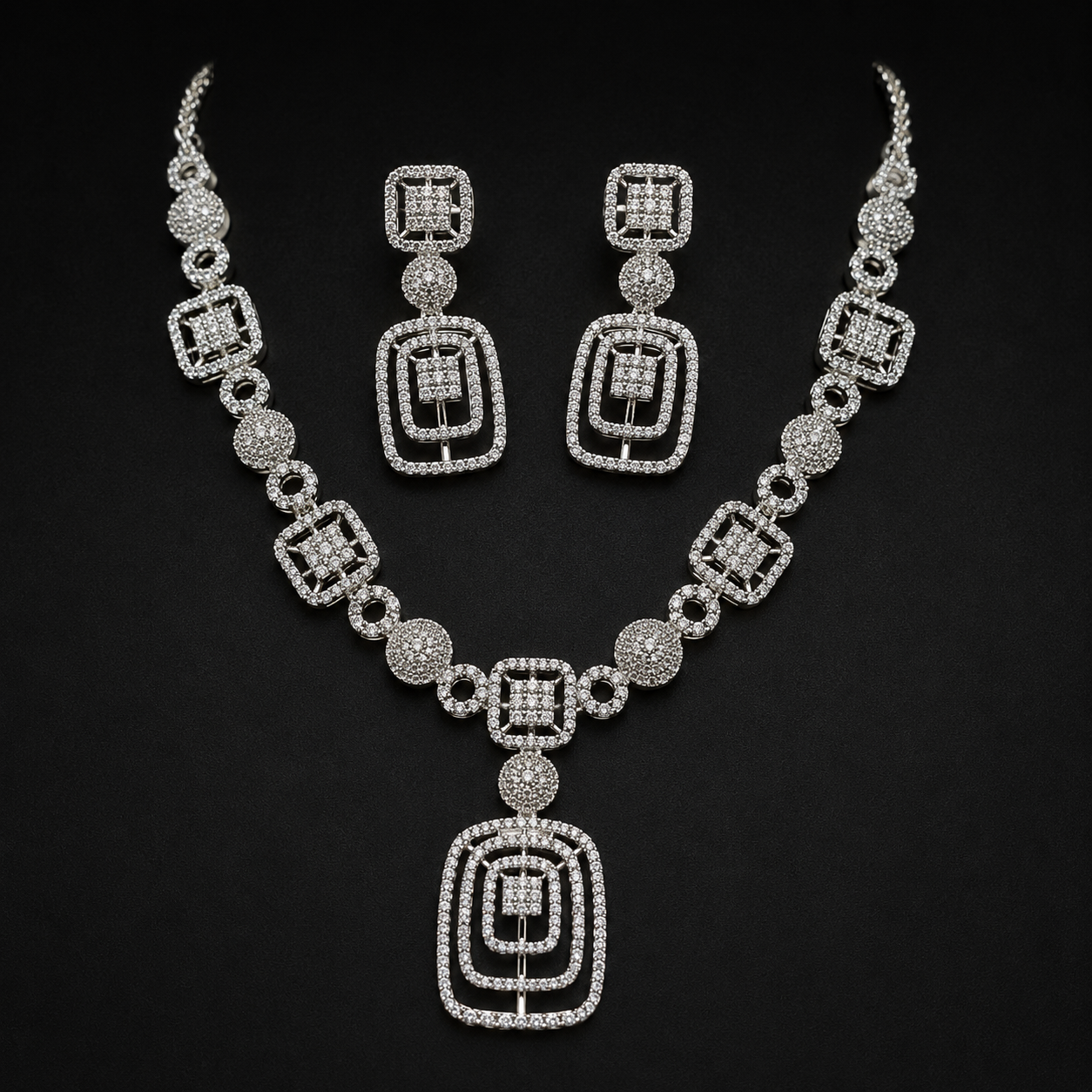 Silver Geometric CZ Designer Necklace & Earrings Set