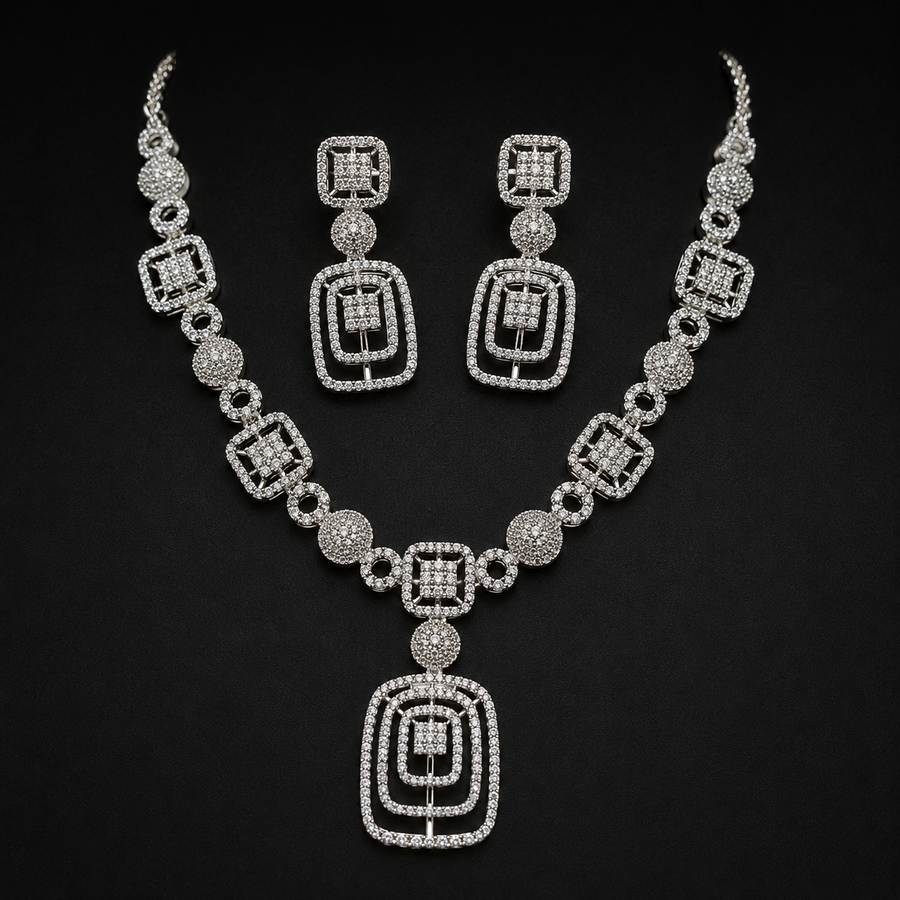 Silver Designer Party Wear Imitation Necklace & Earrings Set