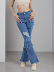 Enormous kart - Stylish High Stretch Flare Jeans with Heart Patchwork - Blue Bell Bottom Jeans for Women