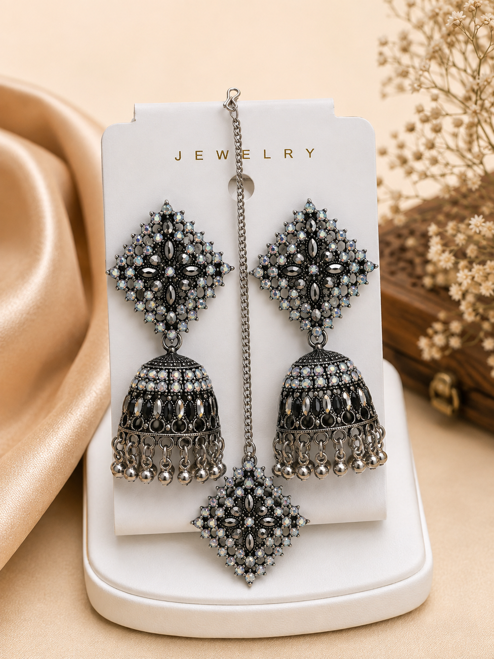 Oxidised Jhumka Earrings with Maang Tikka | Traditional Black & Silver Bridal Jewellery Set for Women