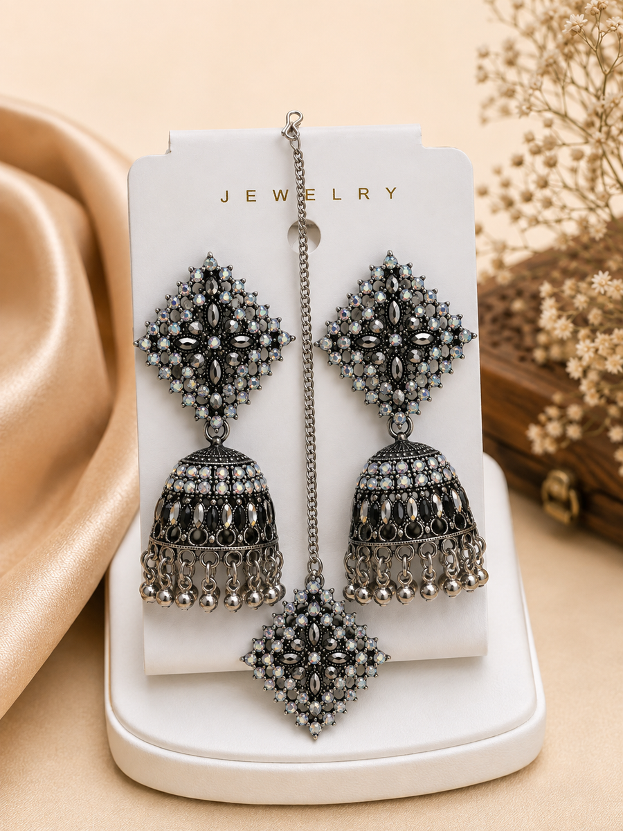 Oxidised Jhumka Earrings with Maang Tikka | Traditional Black & Silver Bridal Jewellery Set for Women