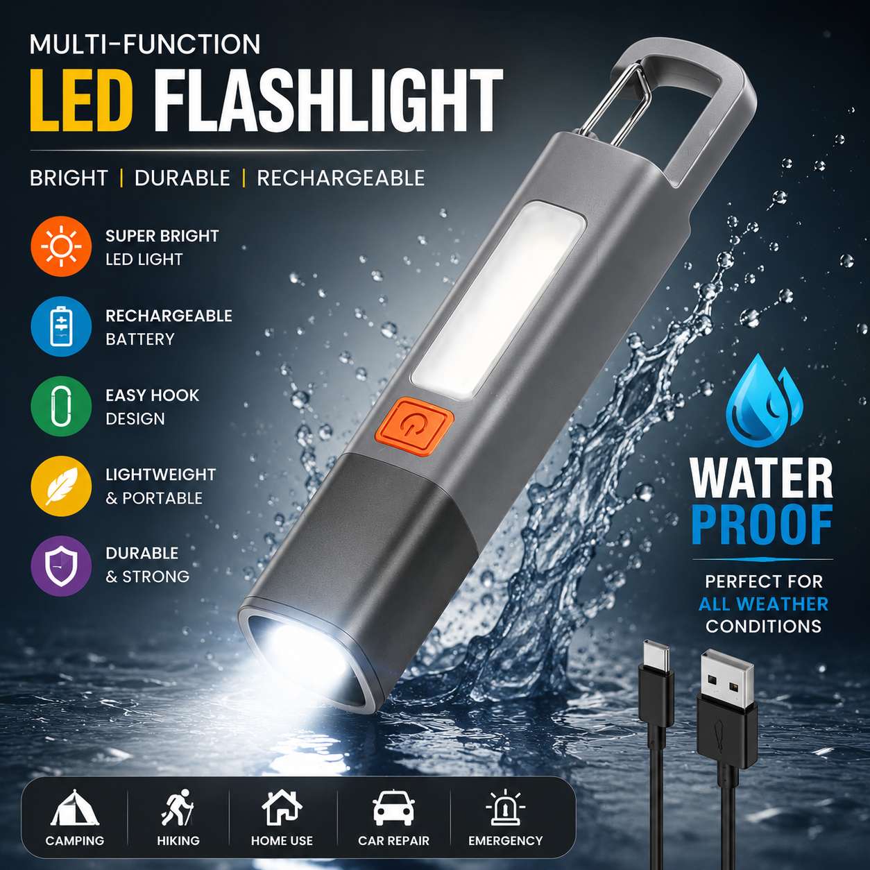 Professional LED Inspection Light with Magnetic Base & Hook – Rechargeable Torch