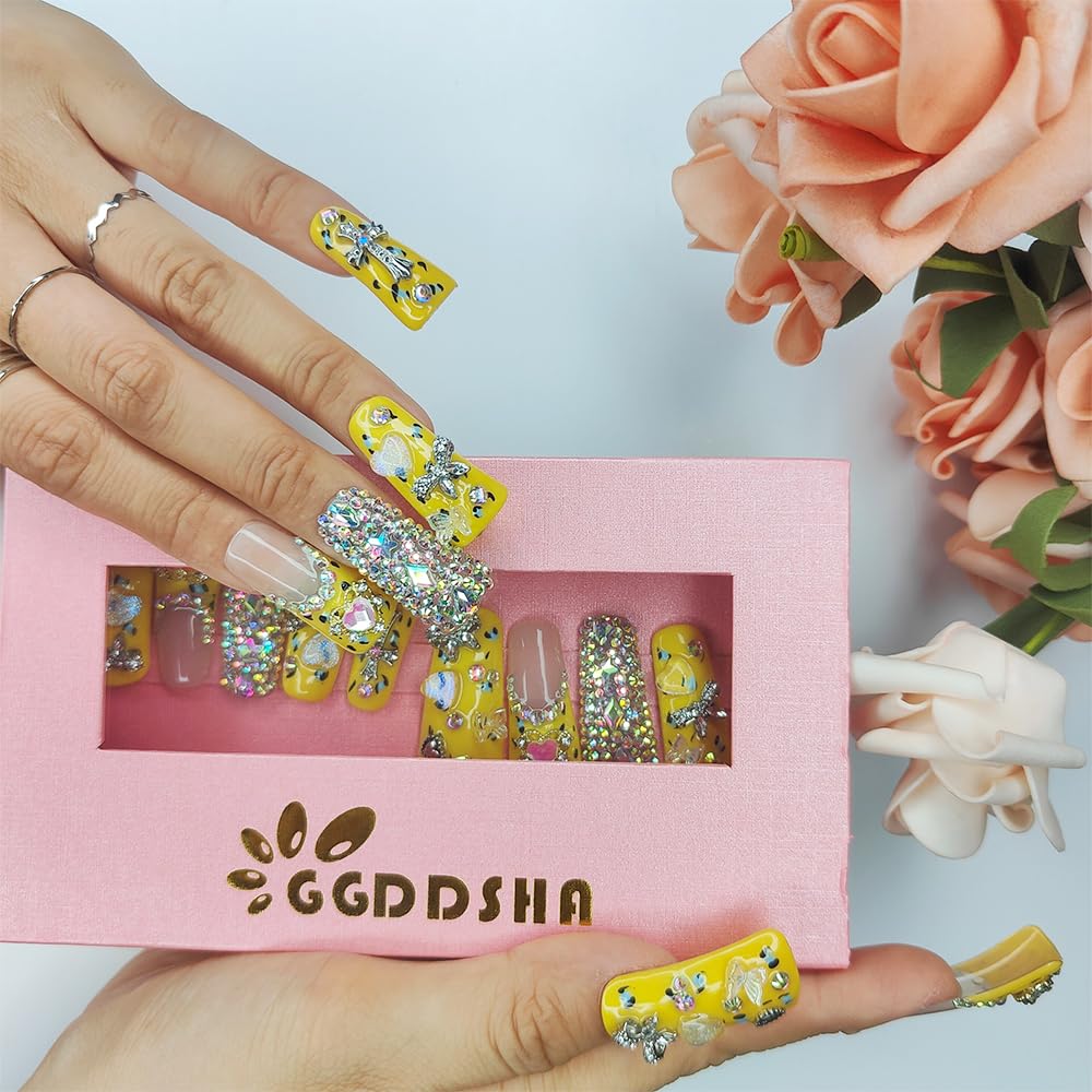 Handmade PMMA Acrylic Medium Square Press-On Nails with Rhinestones & Butterfly Love Design | Reusable Full-Coverage Fake Nail Set for Women