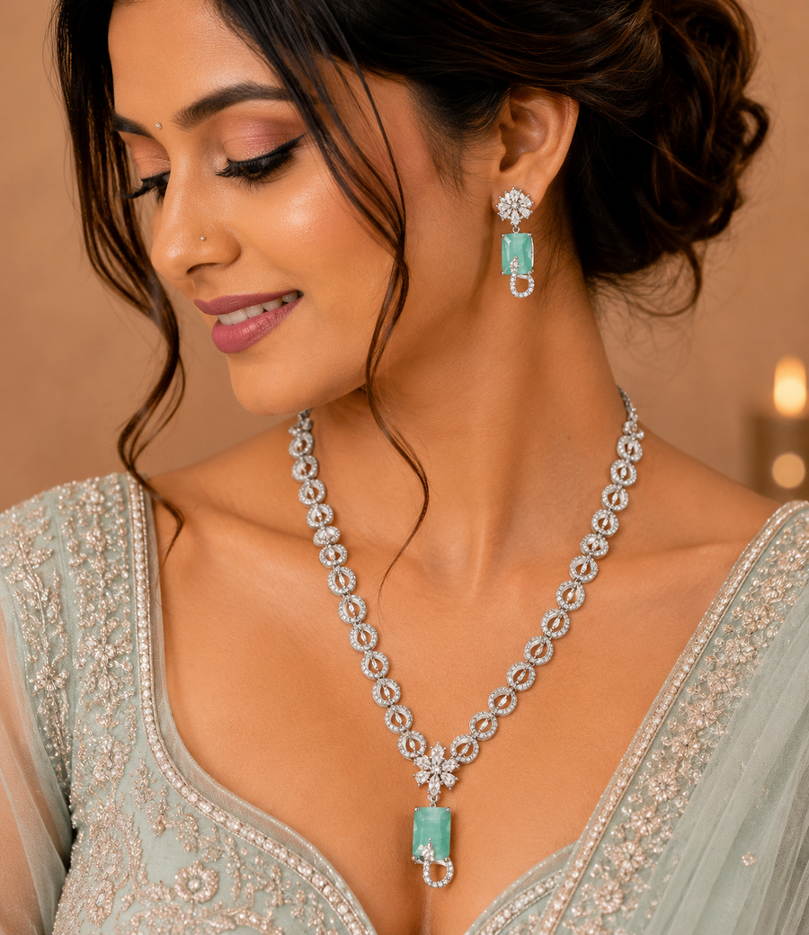 Silver Designer Green Pendant Imitation Necklace & Earrings Set