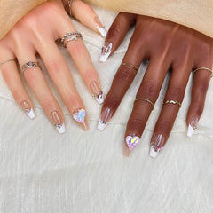 Luxe Amour Long Coffin Press-On Nails – Handmade Gradient False Nails with Fashion Rhinestones & 3D Nail Art Charms for Women