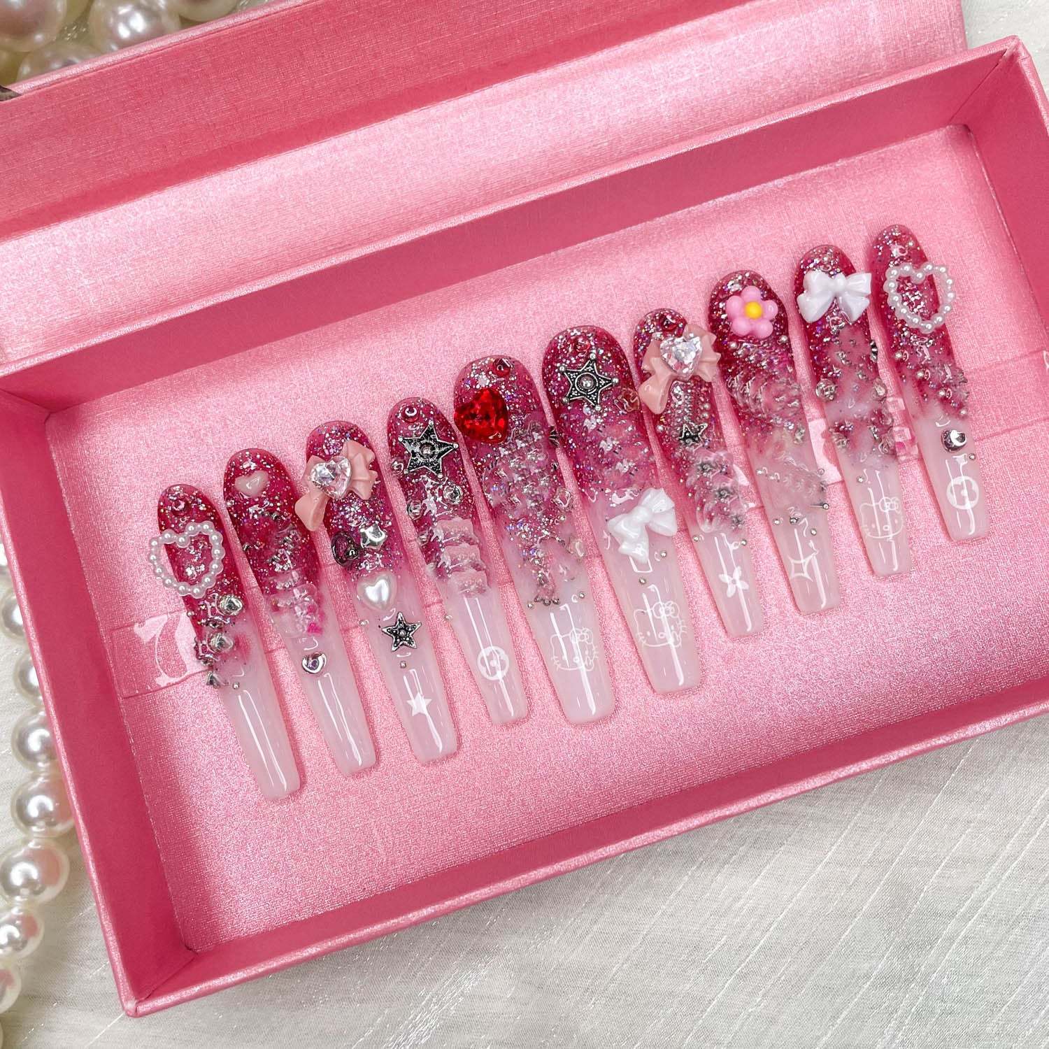 Enormous kart - Long Coffin Stone Design Press-On Nails with Adhesive Tape | Luxury Rhinestone Fake Nails for Women