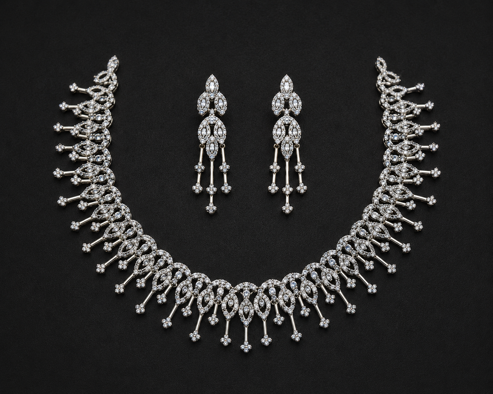 Silver Designer Party Wear Imitation Choker Necklace & Earrings Set