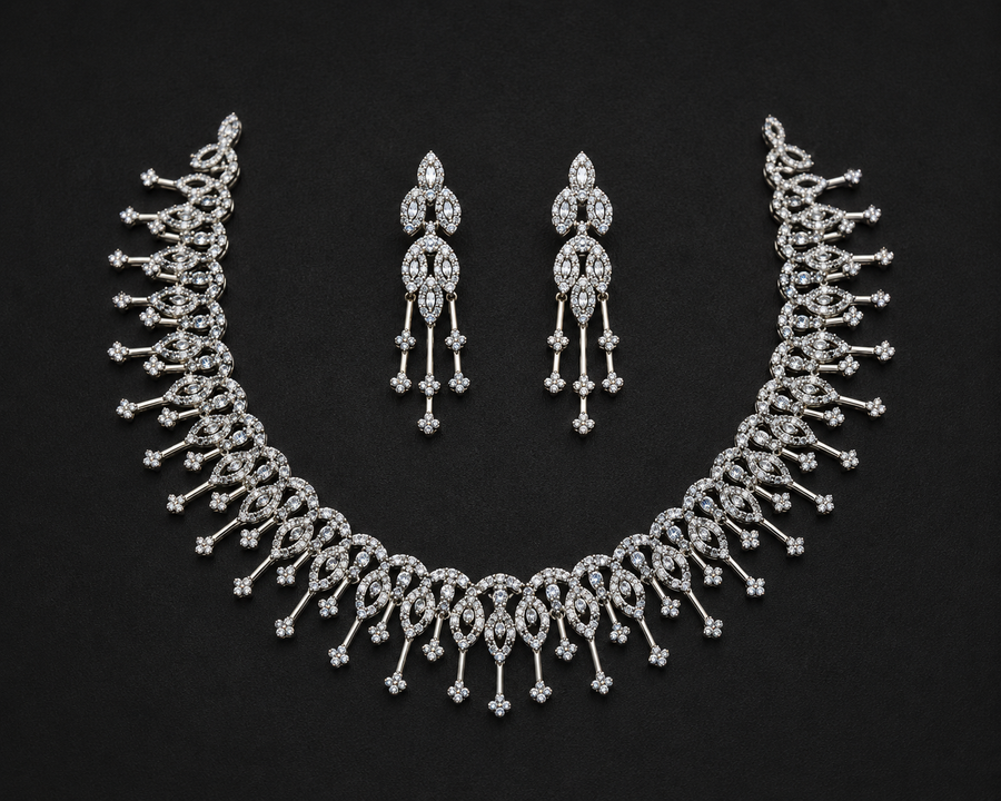 Silver Designer Party Wear Imitation Choker Necklace & Earrings Set