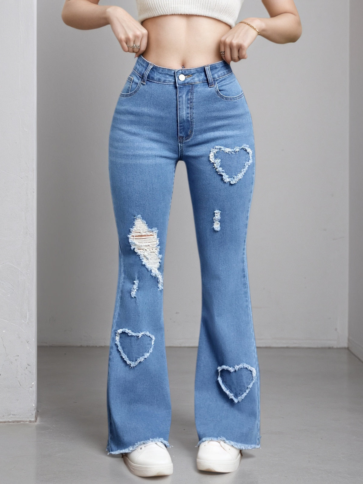Enormous kart - Stylish High Stretch Flare Jeans with Heart Patchwork - Blue Bell Bottom Jeans for Women