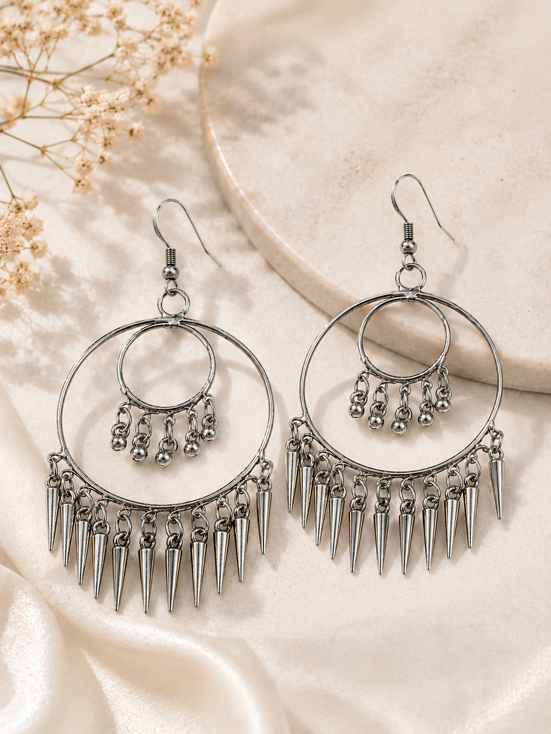 Elegant Boho Hoop Drop Earrings for Women | Silver Oxidized Statement Dangle Earrings | Trendy Fashion Jewelry