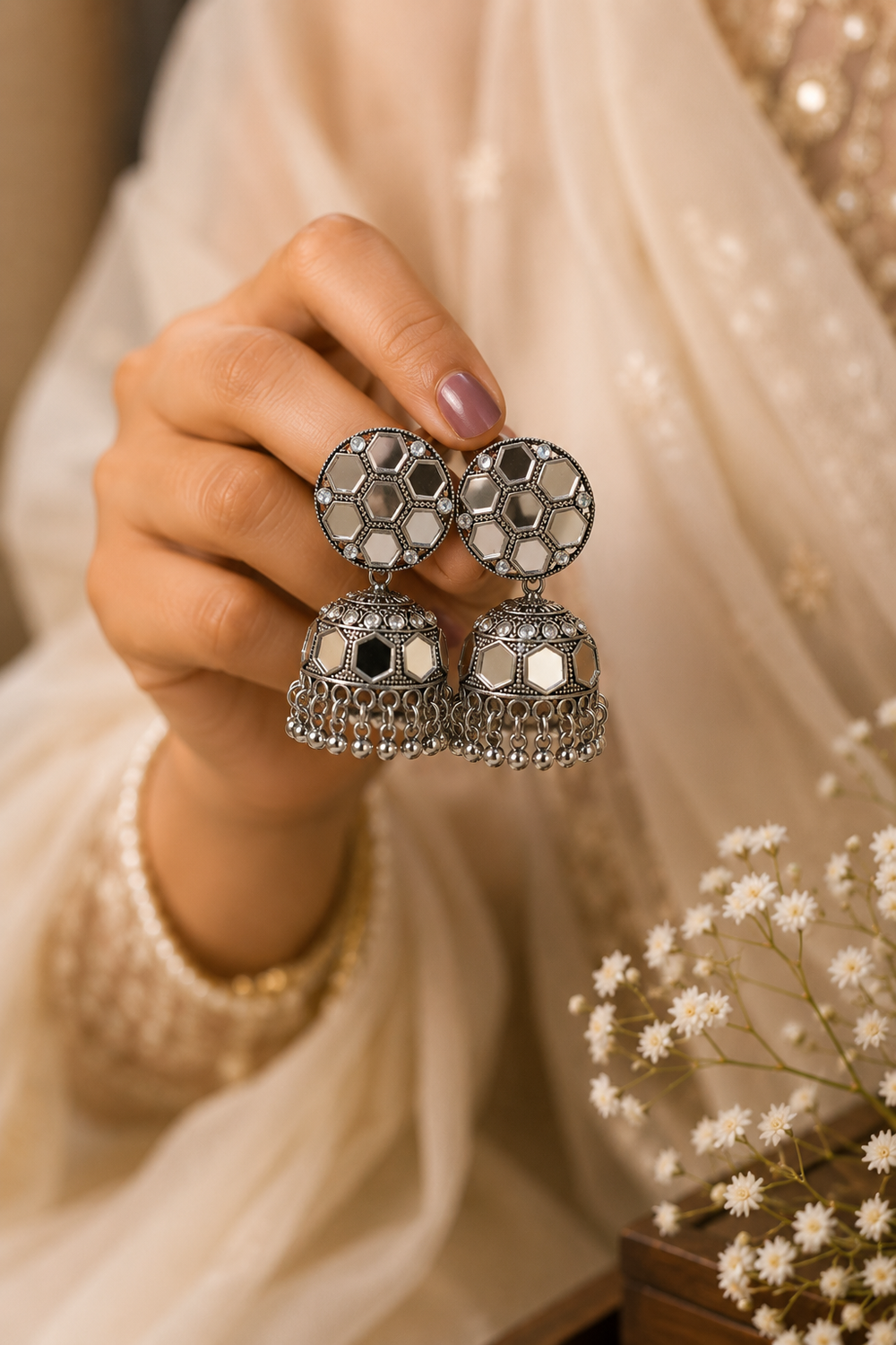 Oxidised Silver Jhumka Earrings for Women | Traditional Hexagon Stone Studded Ethnic Earrings