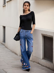 Enormous kart - High Waist Bell Bottom Pants with Floral Embroidery for Women