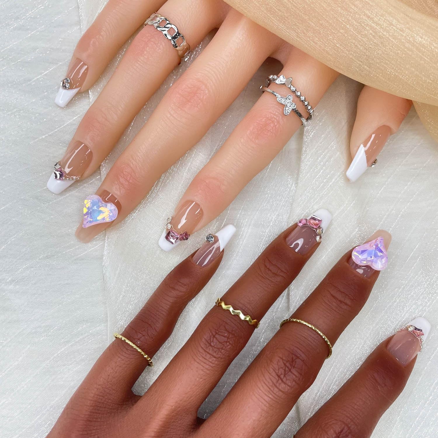 Luxe Amour Long Coffin Press-On Nails – Handmade Gradient False Nails with Fashion Rhinestones & 3D Nail Art Charms for Women