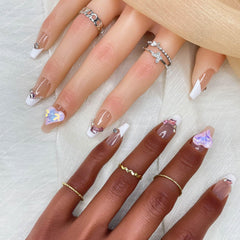 Luxe Amour Long Coffin Press-On Nails – Handmade Gradient False Nails with Fashion Rhinestones & 3D Nail Art Charms for Women