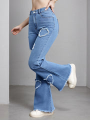 Enormous kart - Stylish High Stretch Flare Jeans with Heart Patchwork - Blue Bell Bottom Jeans for Women
