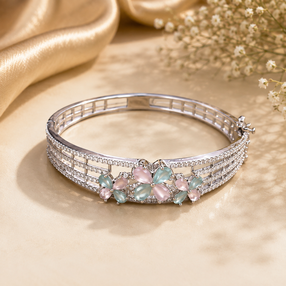 Silver color  Floral Bracelet for Women | Elegant Crystal & Pastel Flower Designer Bracelet