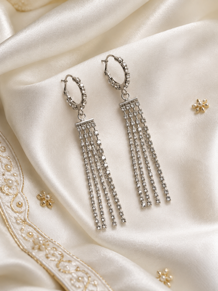 Elegant Silver Crystal Long Tassel Drop Earrings for Women