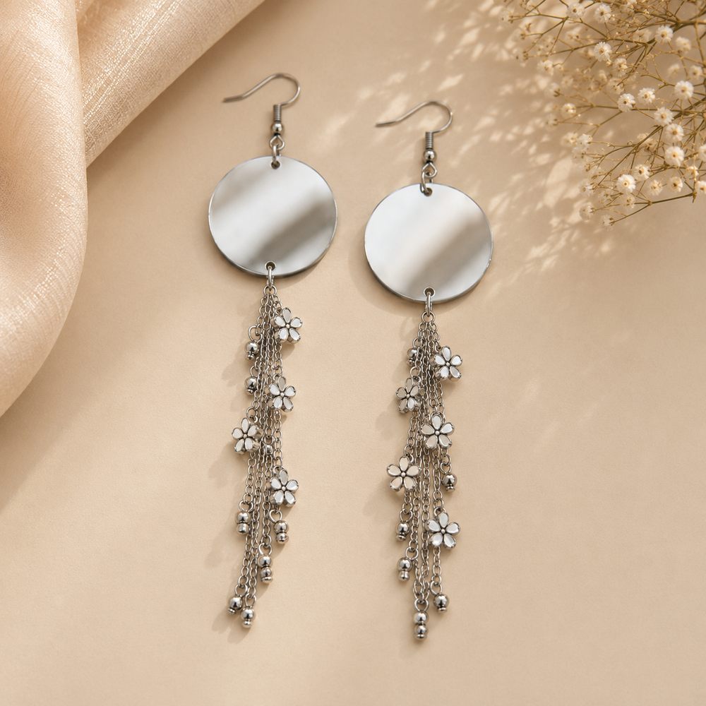 Silver Long Drop Earrings with Floral Charms | Stylish Dangle Earrings for Women & Girls
