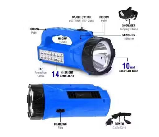 Blue flashlight with labeled features on a white background
