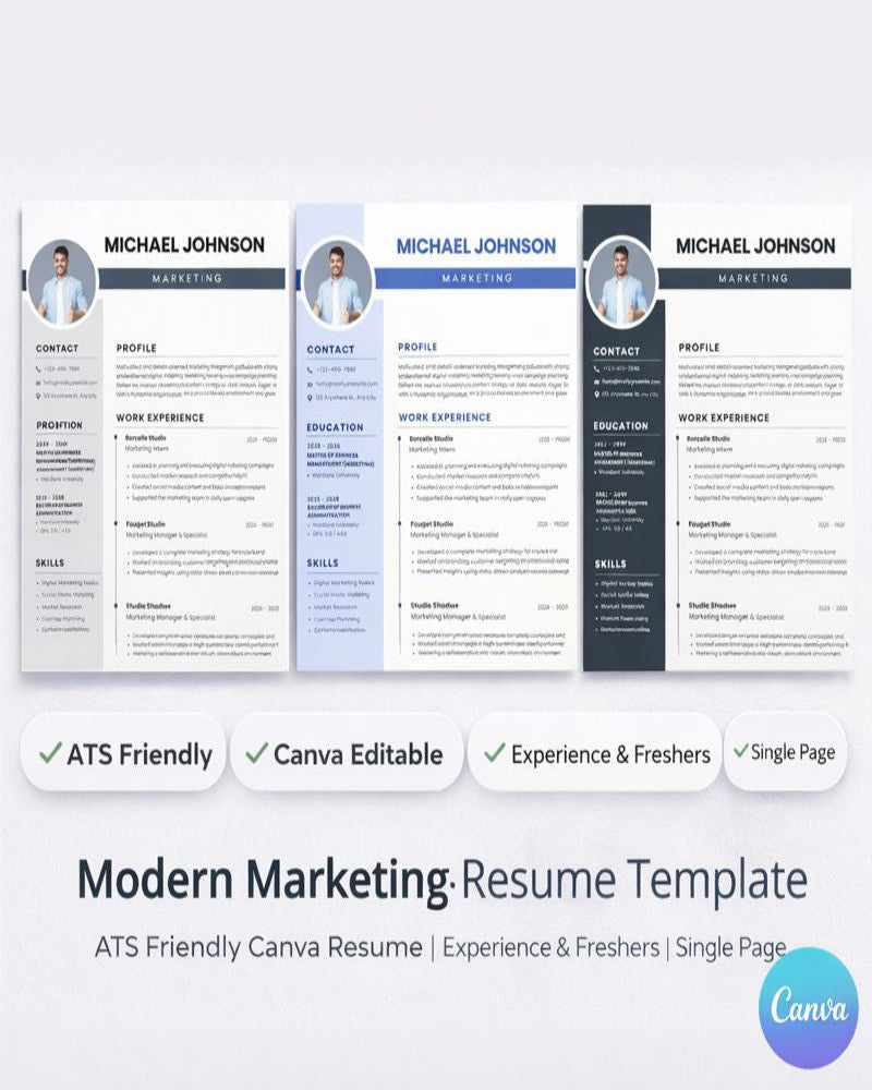 Modern Marketing Resume Template | ATS Friendly Canva Resume | Single Page CV for Experience & Freshers