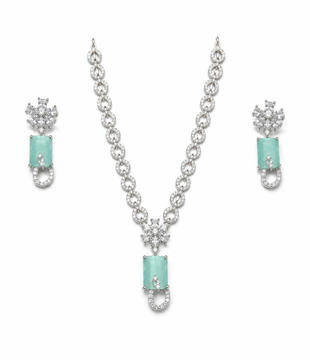 Silver Designer Green Pendant Imitation Necklace & Earrings Set
