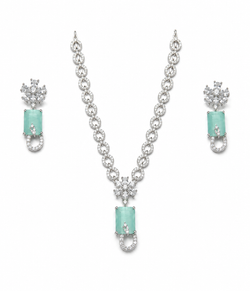 Silver Designer Green Pendant Imitation Necklace & Earrings Set