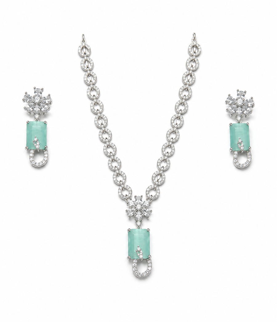 Silver Designer Green Pendant Imitation Necklace & Earrings Set