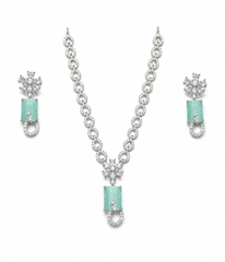 Silver Designer Green Pendant Imitation Necklace & Earrings Set